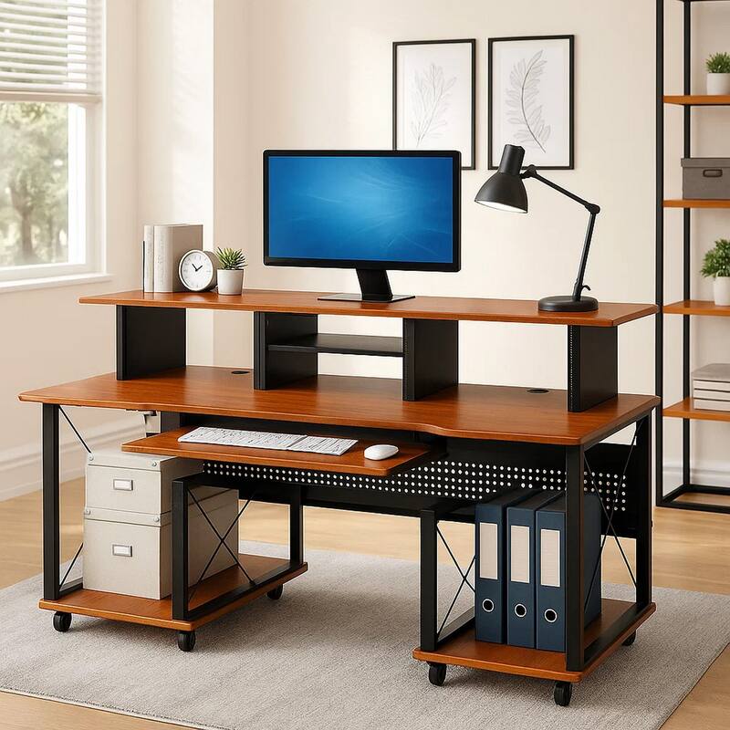Mill 72 Inch Metal, Office and Writing Desk, Storage, Keyboard Tray, Brown