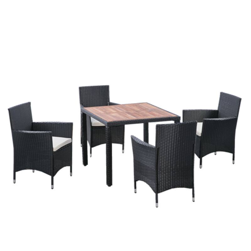 5 Piece Outdoor Patio Wicker Dining Set, Poolside Picnic Beer Coffee Table with 4 Removable Cushions Wicker Arm Chairs