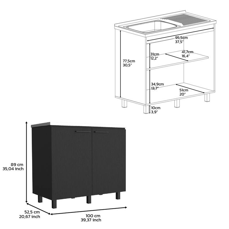 2-Door Freestanding Utility Base Cabinet with Stainless Steel Countertop, Black Finish, Large Shelf for Storage