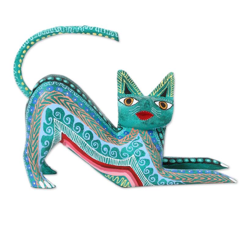 Novica Handmade Cat Stretch Wood Alebrije Figurine - 3.9" H x 5.25" W x 1.5" D