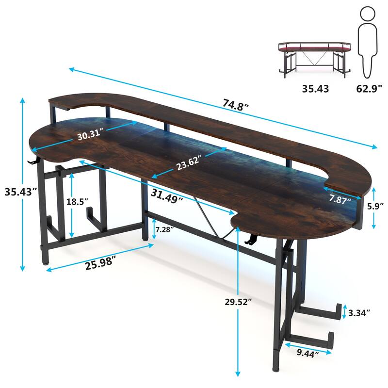 Gaming Desk with Monitor Shelf, 75 inch PC Computer Desk with LED Strip