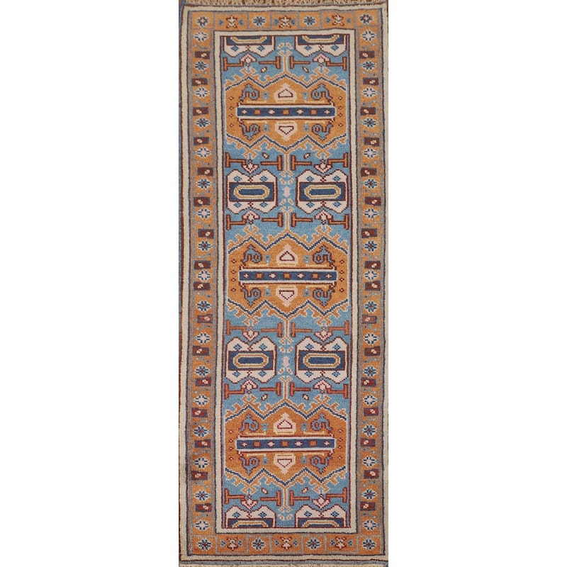 Geometric Kazak Runner Rug Hand-Knotted Wool Carpet - 2'6" x 7'10"
