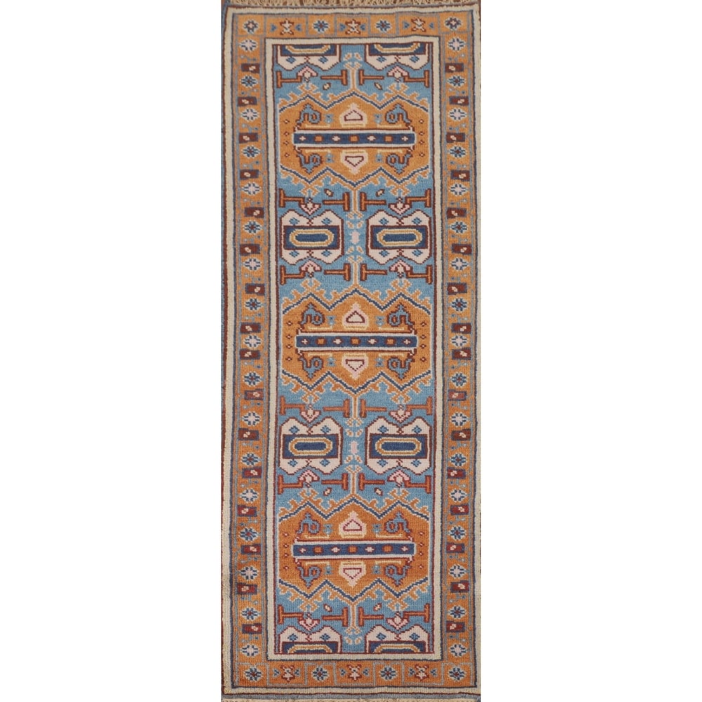 Geometric Kazak Runner Rug Hand-Knotted Wool Carpet - 2'6" x 7'10"