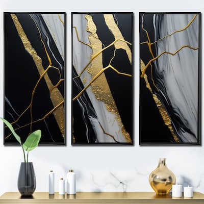 Designart "Abstract Geode Black II" Abstract Marble Framed Canvas Art Print - 3 Panels