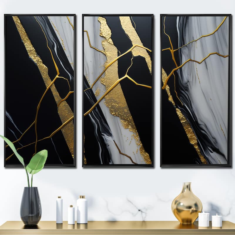 Designart "Abstract Geode Black II" Abstract Marble Framed Canvas Art Print - 3 Panels - 48 in. wide x 32 in. high - 3 Panels - Black