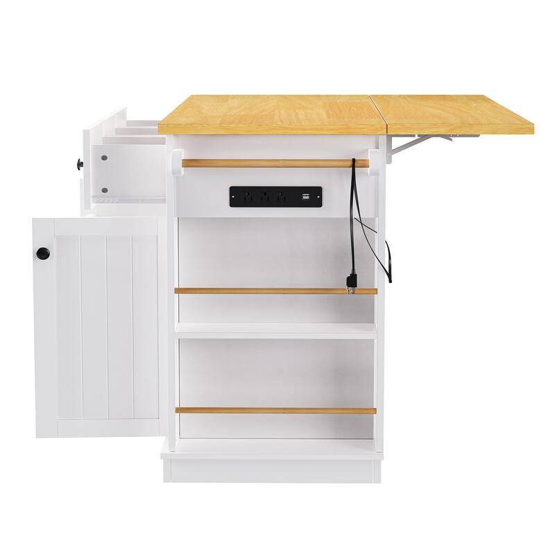 Large Kitchen Island with 2 Bar Stools, Power Outlet, Kitchen Storage Cart with Drop Leaf, 5 Open Side Racks, 3 Drawers