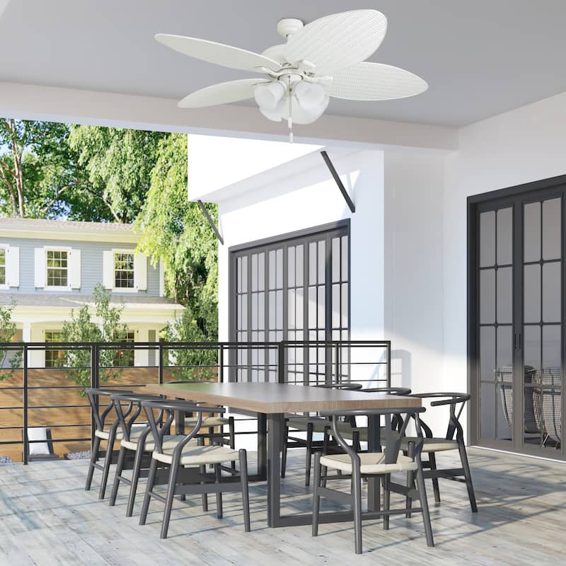 52" Honeywell Palm Lake White Indoor/Outdoor Ceiling Fan with Light, Pull Chain, 5 Palm Leaf Blade