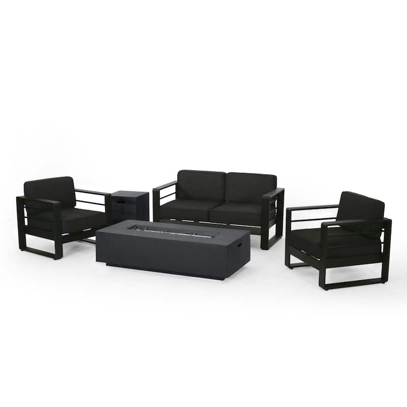 Maya Bay Outdoor Aluminum 4 Seater Chat Set with Fire Pit by Christopher Knight Home - Black + Gray + Dark Gray