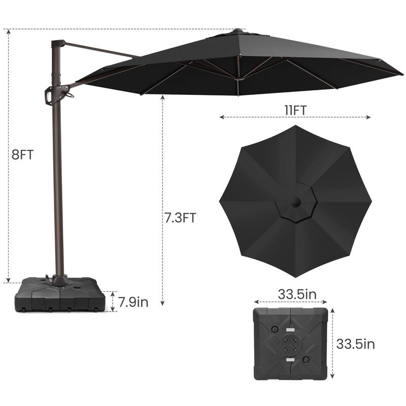 Outdoor 11 Ft Patio Cantilever 360 Degree Rotation Offset Umbrella with Base