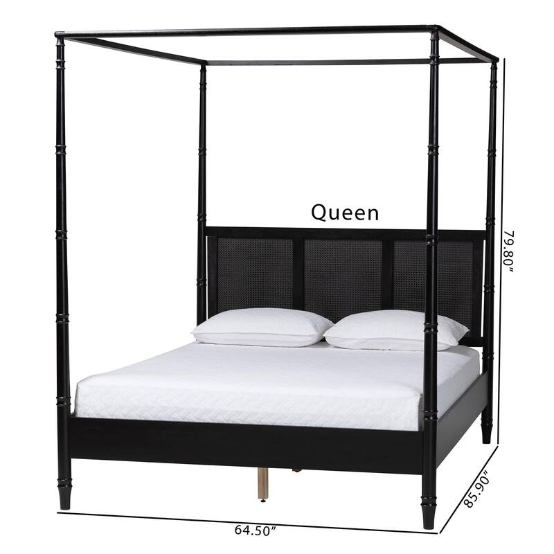Marisela Canopy Bed with Synthetic Rattan Headboard - Black Wood Bed Frame with Bamboo-Inspired Posts