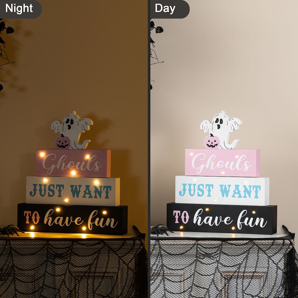 Glitzhome 11.75"H Halloween Lighted Pink Wooden Ghost Block Word Sign