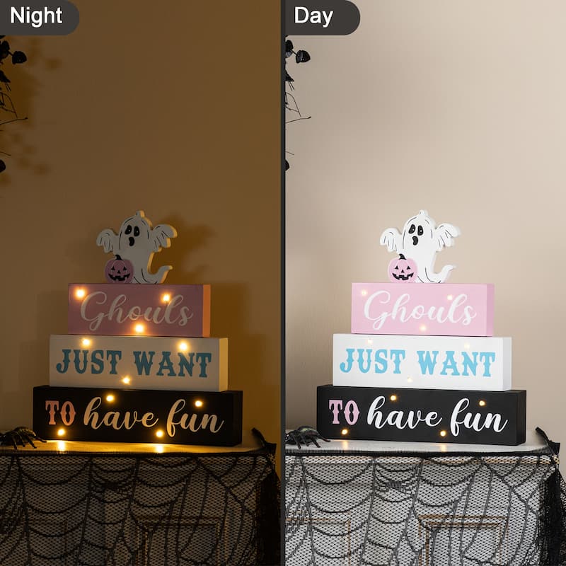 Glitzhome 11.75"H Wooden Ghost Block Word Sign with LED Lights Halloween Table Decor