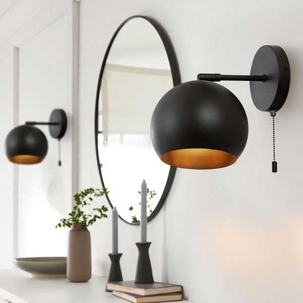 Mila 7 1 Light Modern Midcentury Iron LED Sconce with Pull Chain Switch Brass Gold Set of 2 by JONATHAN Y On Sale Bed Bath Beyond 36024355