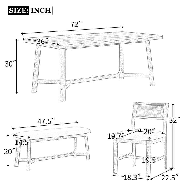 6-piece Retro Dining Set with Table,4 Upholstered Chair and Bench