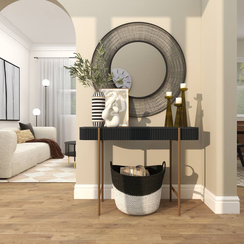 Black Wooden Rounded Rectangular Ribbed Living Room Console Table with Gold Metal Legs