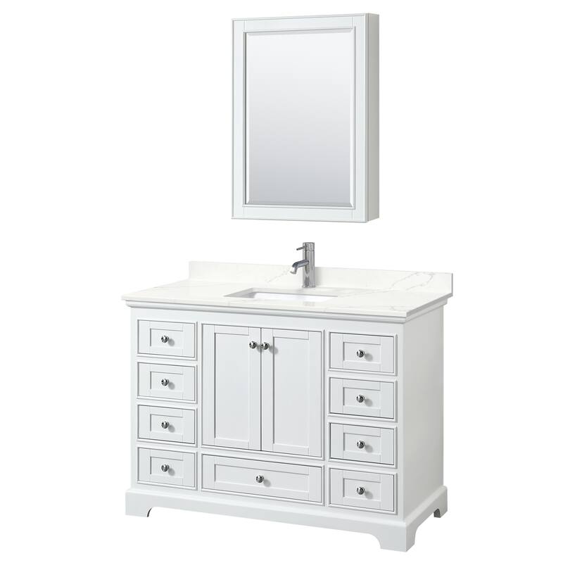 Deborah 48-inch Single Vanity, Quartz Top, Medicine Cabinet - White, Chrome Trim, Giotto Quartz Top