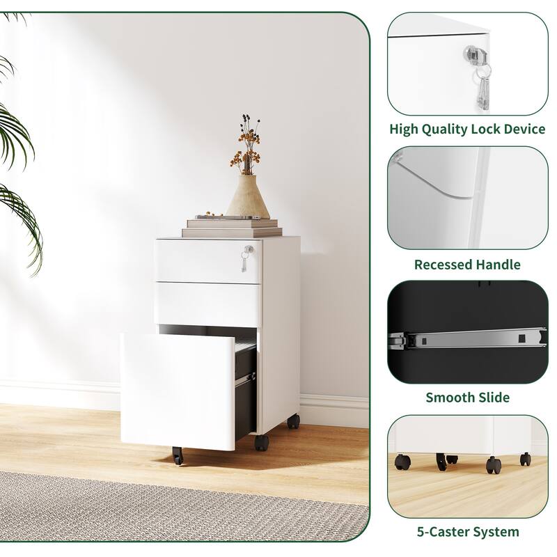 3-Drawer Mobile File Cabinet with Lock, All-Steel Metal Storage on Wheels, Two Shallow & One Deep Drawer, Anti-Tip Design