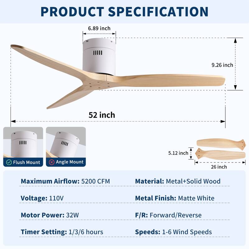 52"Mordern Rustic Elegance Solid Wood Blades Low Profile Flush Mount Ceiling Fan without Light