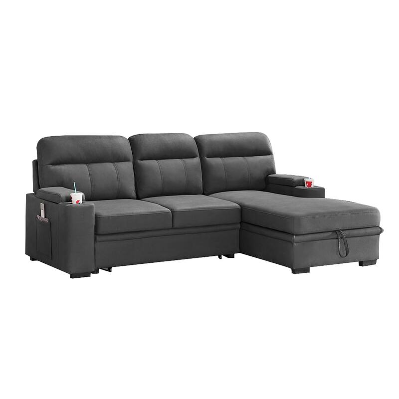 Polished Microfiber Sleeper Sectional Sofa Chaise with Cupholder