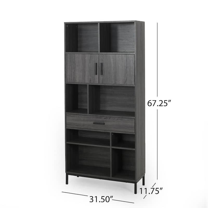 Roomfitters Tall Bookshelf with Open Storage Shelves, Cabinet Doors and Drawer, Freestanding Bookcase, Grey
