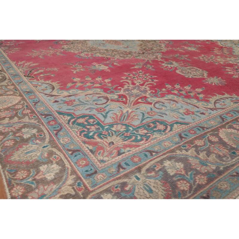 Pink Medallion Tabriz Persian Area Rug Hand-Knotted Wool Carpet - 9'0"x 12'7"