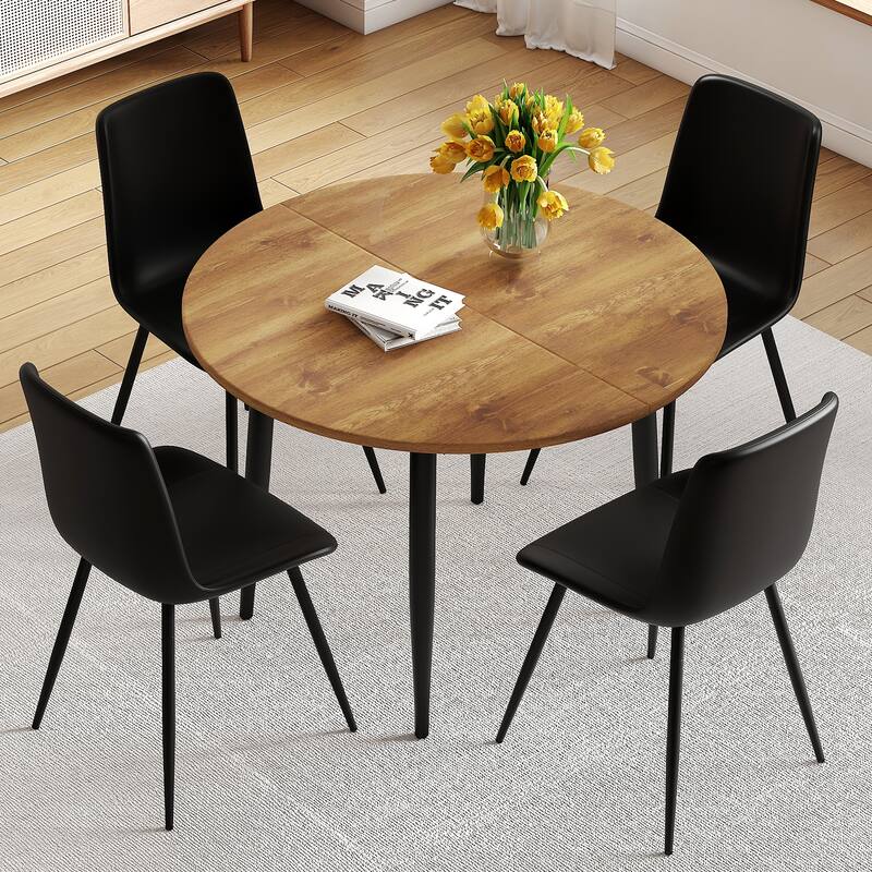 Wood Kitchen Table Set with 4 Chairs, 5-Piece Round Dining Set with Extendable Dining Table for Dining Room