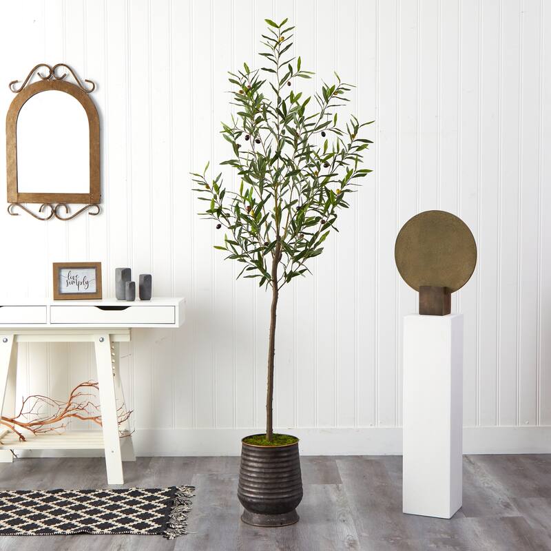 Artificial Olive Tree 75In. Indoor Outdoor Faux Tree in Planter Home Decor - Green - 31-40 Inches