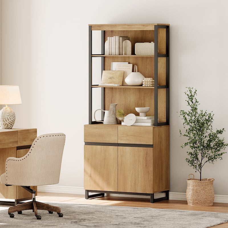 WAMPAT Modern 72" Tall Bookcase with Metal Base and Adjustable Shelves, Library Book Shelf with Storage Cabinet