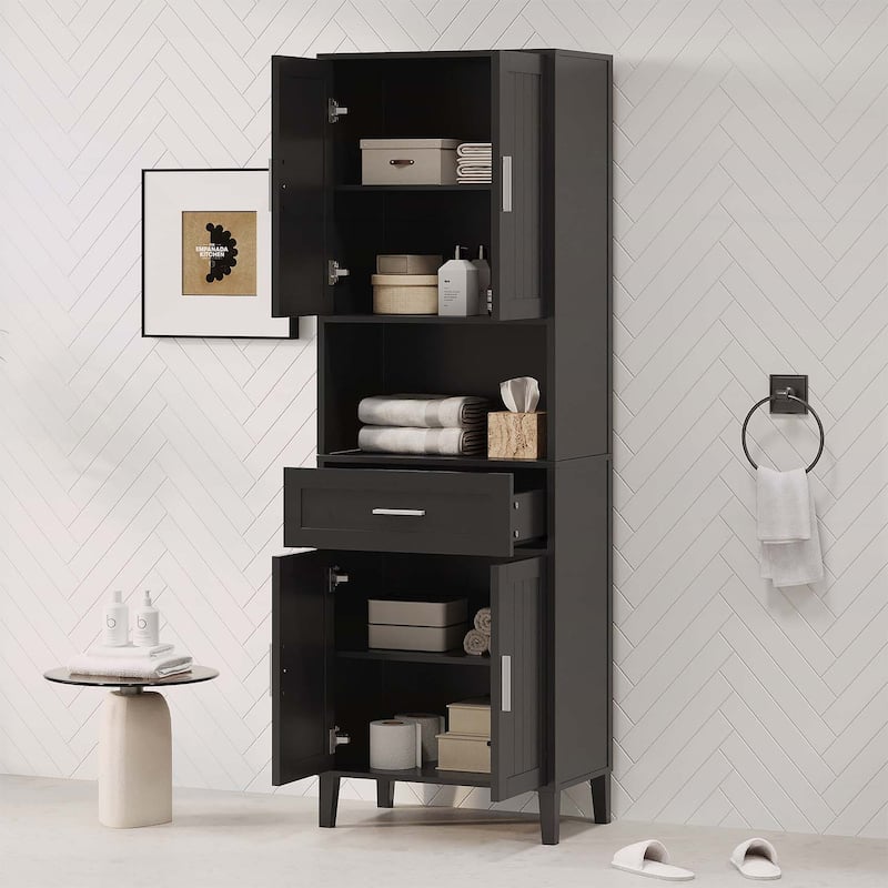 Freestanding Tall Cabinet with Drawer,2 Cabinets,4 Soft-Close Doors,and Adjustable Shelves for Versatile Storage