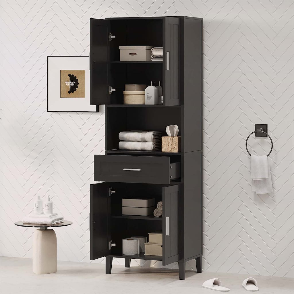 Freestanding Tall Cabinet with Drawer,2 Cabinets,4 Soft-Close Doors,and Adjustable Shelves for Versatile Storage