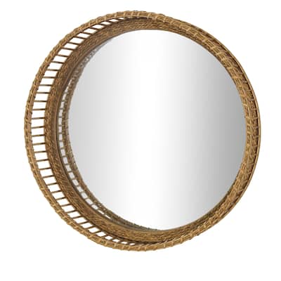 Bamboo Wood Handmade Woven Wall Mirror - Light Brown - Roche River Decor - 5"W x 21"L x 21"H