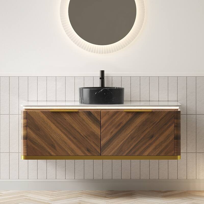 Floating Bathroom Vanity with Sintered Stone Top and Black Ceramic Round Basin - 48.03'' x 19.69'' x 20.91''