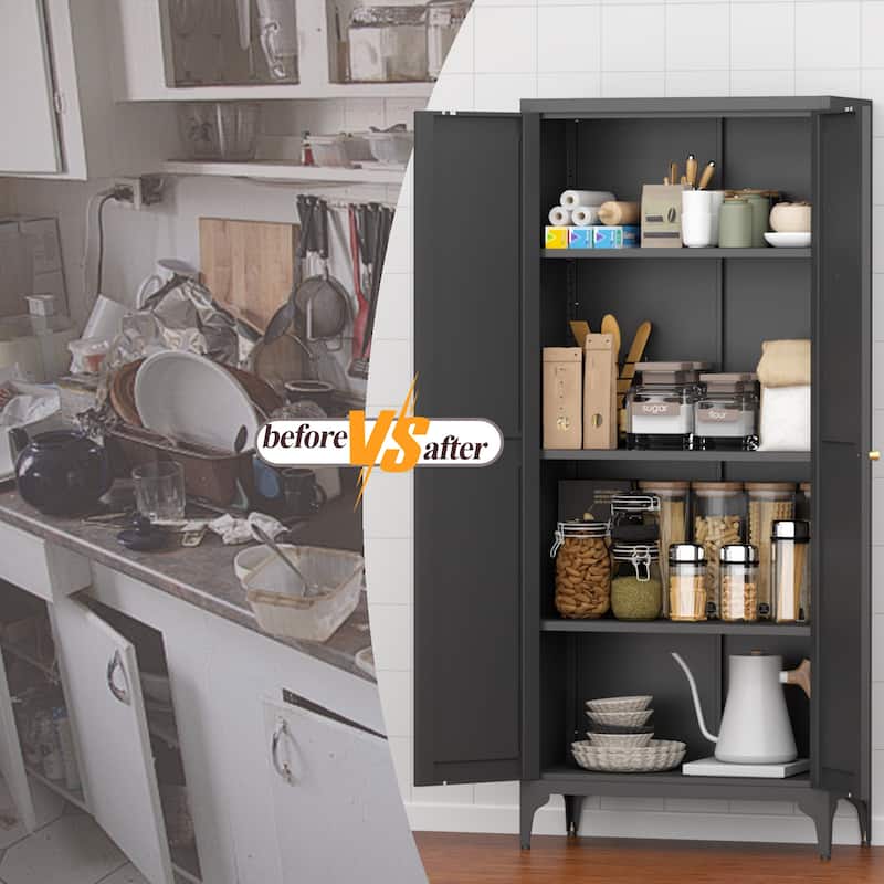 2 Doors Metal Storage Cabinet Kitchen Pantry Cabinet With Adjustable Shelves Tall Steel Cabinet Locker
