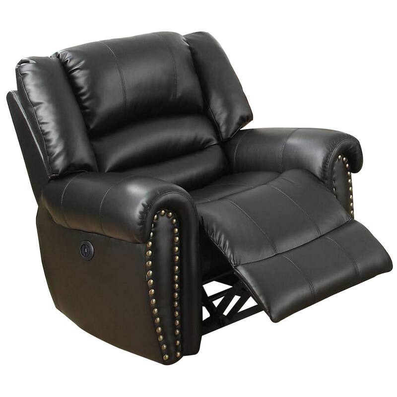 Nailhead Trim Leatherette Power Recliner, Black