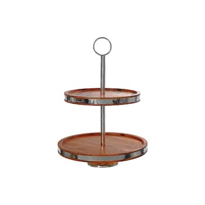 IH Casa Decor Natural Acacia Wood With Hammered Nickel 2 Tier Cake Stand