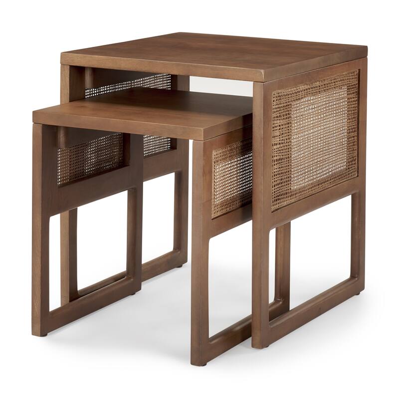Grier Solid Wood With Cane Accents Square Nesting Accent Tables (Set of 2) - 20L x 20W x 23H - Medium Brown