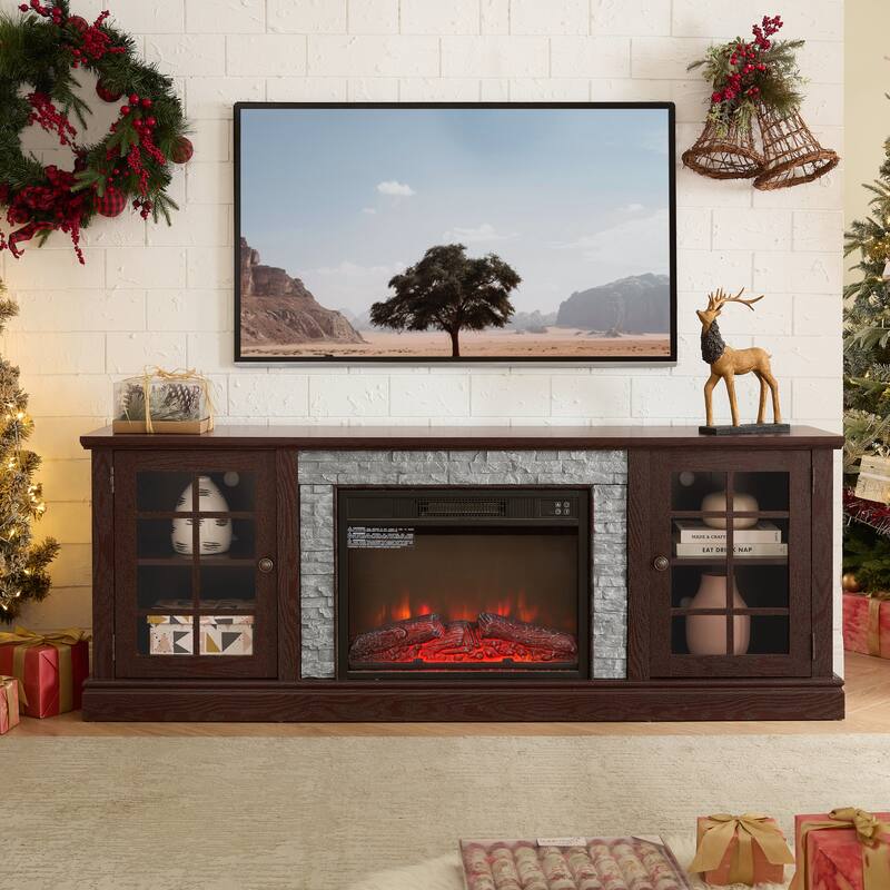 GDFStudio Thatch Wood 70" TV Stand with Faux Stacked Stone Fireplace and 2 Door Storage - Cherry