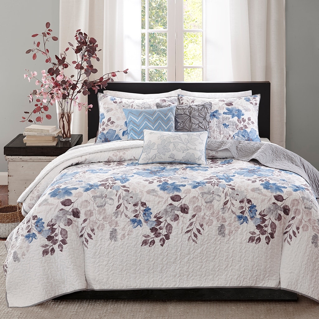 Madison Park Floral 6-Piece Quilt Set with Throw Pillows