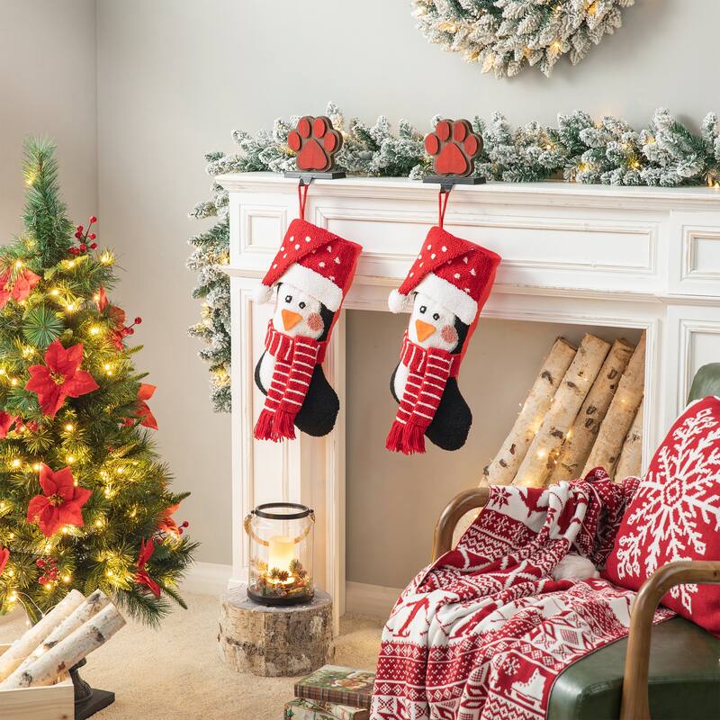 Glitzhome Christmas Wooden/Metal LED Snowman Paw Stocking Holders with Stockings Mantel Ornament