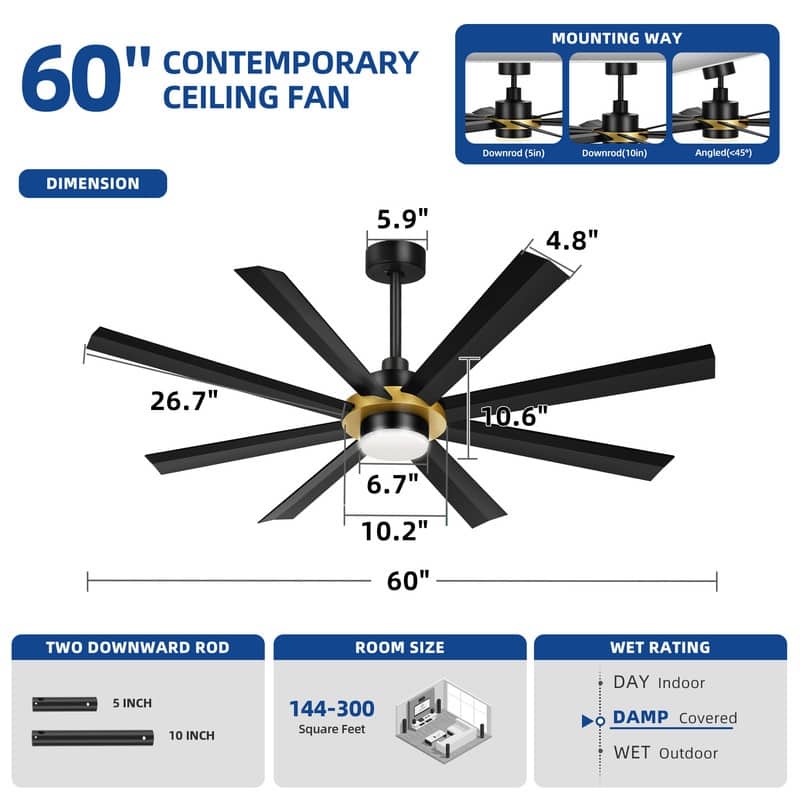 Moasis 8-Blade Large LED Ceiling Fan with Light and Remote Control - 60inch