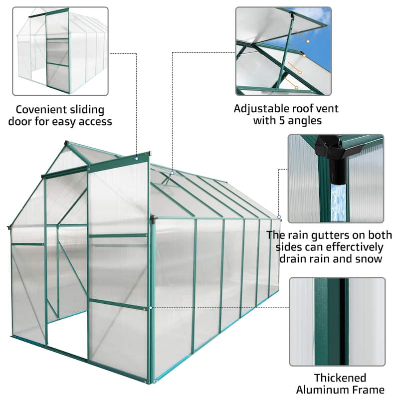 GDF Studio - Laussat Outdoor Aluminum Polycarbonate Greenhouse with Raised Base and Walk-In Design