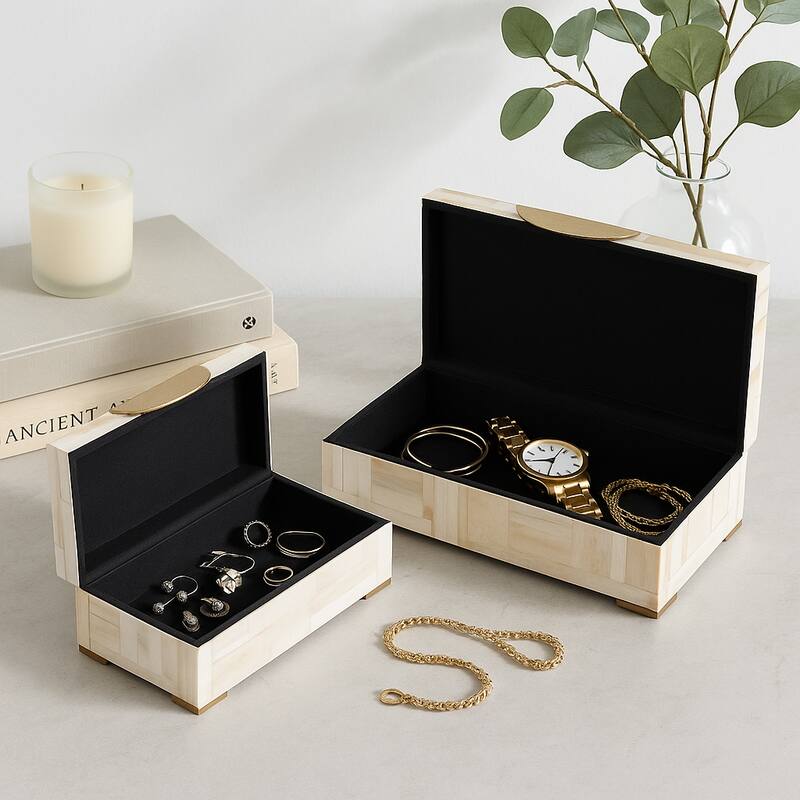 Resin Wood Decorative Boxes Handles Mosaic (Set of 2) - 5" & 4" Tan - 14" x 8.5" x 4.5"