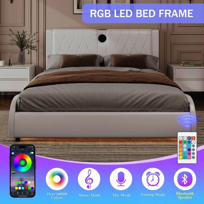 Luxurious Faux Leather Upholstered Platform Bed with Bluetooth Speakers and RGB LED Light