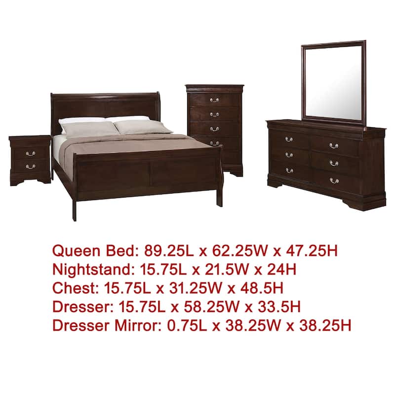 Nim 5pc Queen Sleigh Bedroom Set, Nickel Drop Handles, Dark Brown Wood