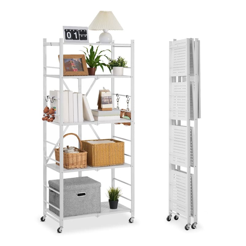 White Carbon Steel Folding Garage Storage Shelf with 5 Swivel Wheels and J-Hooks - 15 x 28 x 64 in