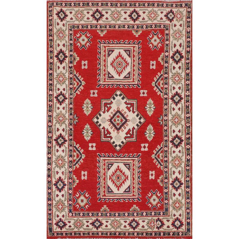 Red Geometric Kazak Oriental Foyer Rug Handmade Accent Wool Carpet - 3'3" x 5'9"