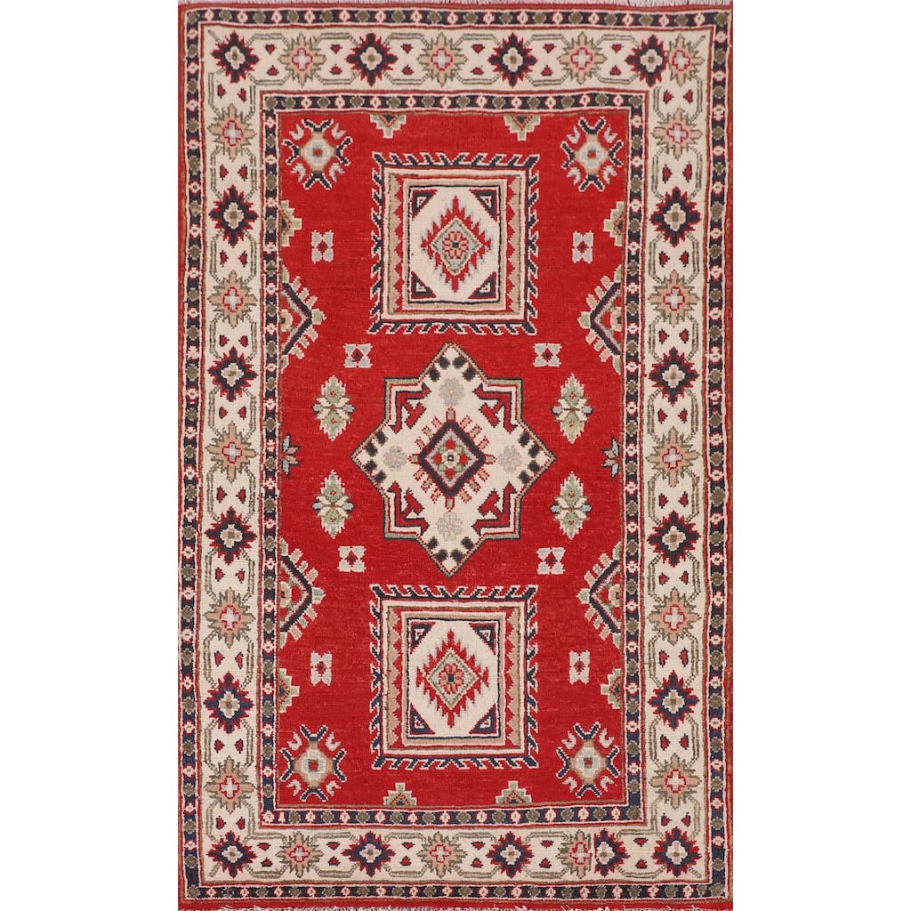 Red Geometric Kazak Oriental Foyer Rug Handmade Accent Wool Carpet - 3'3" x 5'9"