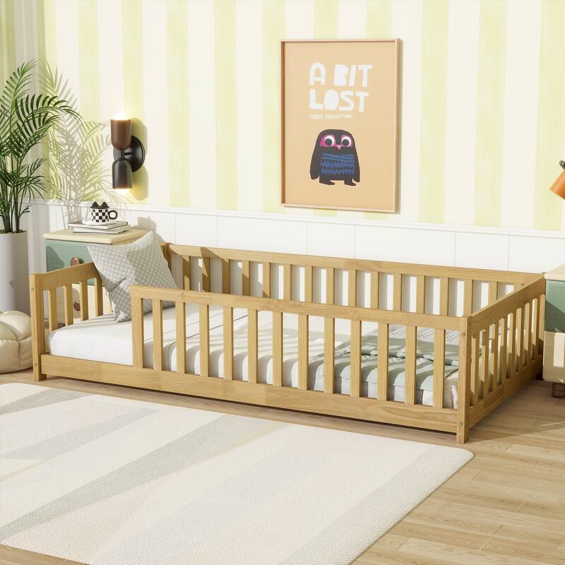 Twin Size Natural Rubber Wood Floor Bed with Safety Fence, Eco-Friendly and Easy Assembly