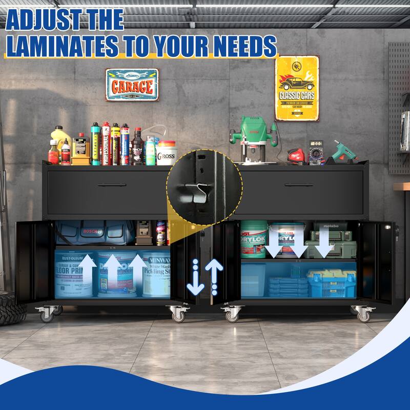 Black Metal Rolling Garage Storage Cabinet with Lockable Wheels and Adjustable Shelf - 30.31 x 18.11 x 31.49 in (L x W x H)