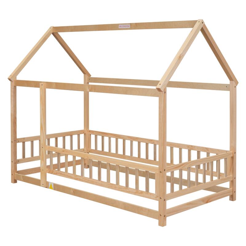 Floor Wooden Bed with House Roof Frame, Fence Guardrails